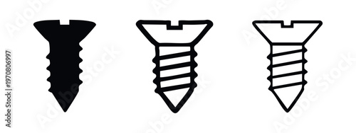 Flat Head Wood Screw Icon Set. Construction and Fastener Tool Vector Illustration.