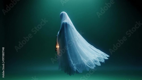 A ghostly figure wearing a translucent white tattered cloak floats in a dark void, holding a lit vintage kerosene lantern with a warm orange glow against a teal background.
