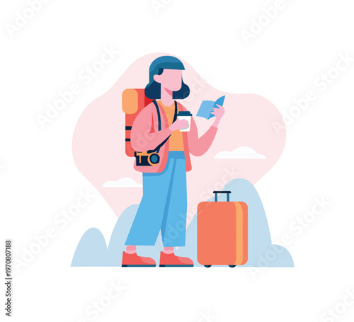Tourist woman with backpack and map Vector illustration in flat style