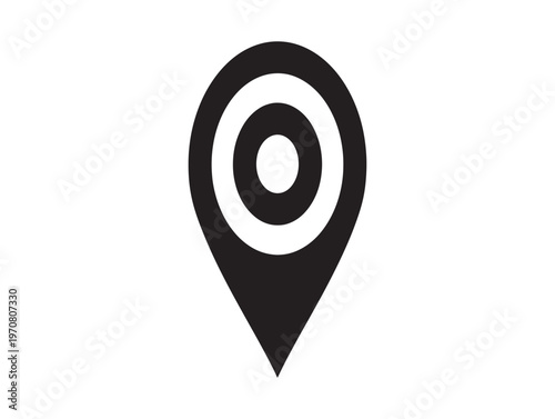 Black and white target icon with map pin location and precision symbolism