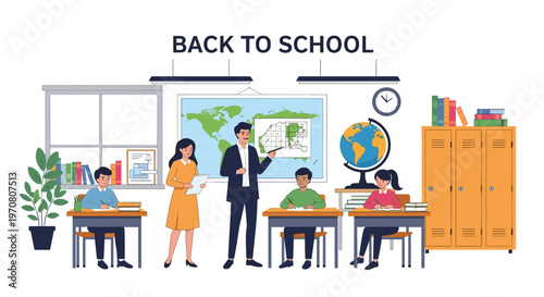 Primary school classroom setting where a male teacher explains a lesson to his students using various educational tools like a map and globe.