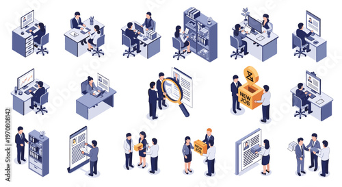 Large collection of isometric business office scenes including job interviews recruitment and employee work.