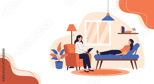 Peaceful psychological therapy session illustration with a counselor taking notes and a patient on the couch.