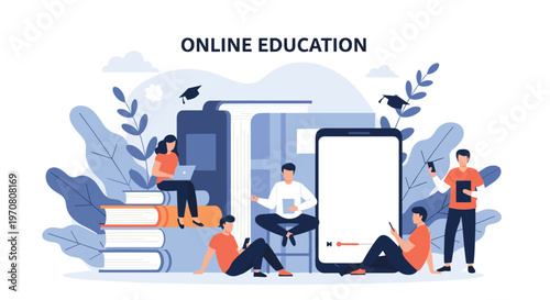 Online education and digital learning concept with students using devices around giant books and screens.