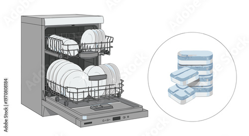 Modern built in kitchen dishwasher filled with clean ceramic plates alongside a stack of detergent tablets.