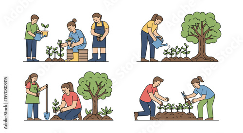 Set of four panels showing diverse people engaged in gardening activities such as planting trees and watering.