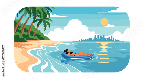 Serene tropical beach landscape featuring a woman relaxing on a blue inflatable mattress in clear ocean water.