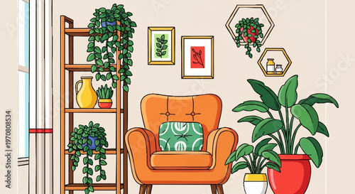 Cozy living room interior vector illustration, modern home decor with orange armchair and potted plants, flat style indoor garden scene