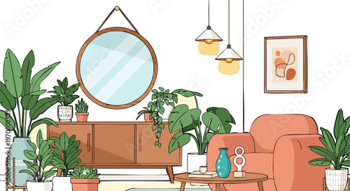 Modern living room interior vector, cozy home lounge with indoor plants and furniture, mid-century style apartment decor with armchair and mirror