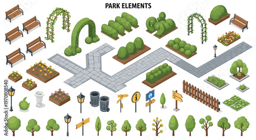 Comprehensive collection of isometric park elements including benches garden arches hedges trees and signs.