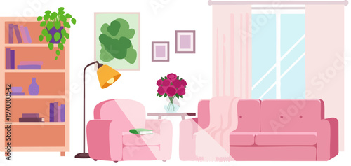 Modern living room interior vector illustration, cozy pink lounge with sofa and armchair, stylish home decor with bookshelf and floor lamp