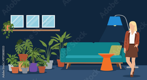 Modern living room interior with flat vector woman, cozy home office lounge with teal sofa and indoor plants, stylish apartment decor with furniture