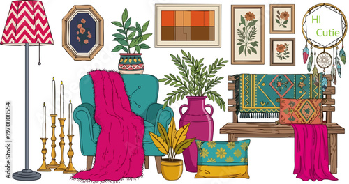 Bohemian home decor vector set, eclectic interior furniture and accessories, cozy living room elements with teal armchair and wooden bench