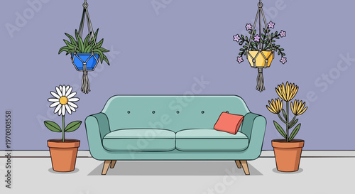 Modern living room interior vector illustration, cozy teal sofa with potted plants and macrame hangers, minimalist home decor background