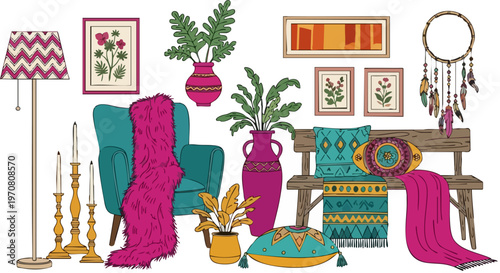 Bohemian interior design elements set, eclectic home decor vector collection, cozy living room furniture with teal armchair and pink textiles