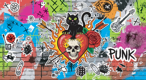 Urban graffiti art with skulls, roses, and black cat stickers eps 10
