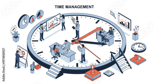 Isometric business concept of time management showing small people working on and around a giant clock face.