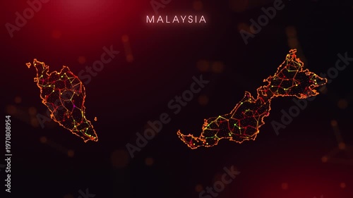 A dynamic motion video showcasing the Malaysia country border through a colorful plexus reveal. Glowing red and orange dots represent high-tech data communication and global digital networks.