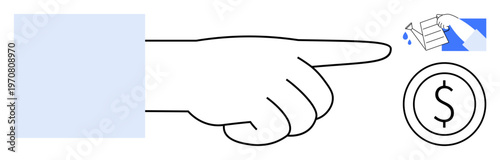 Finance, payments, investment, budgeting, transactions, wealth management. Hand pointing to a dollar sign and falling coins. Finance and payments concept illustration for transactions and budgeting