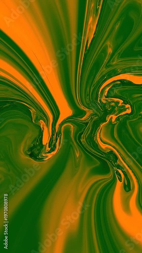 Abstract background texture featuring fluid swirls of dark forest green and vibrant orange, with organic marble patterns, smooth liquid waves, and flowing curved lines throughout.