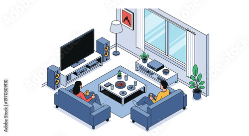 Isometric cozy living room interior where a couple is sitting on comfortable sofas watching a movie on the TV.