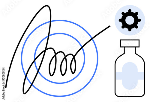 Medical innovation. Abstract design vaccine bottle, gear icon, and spiral line art. Medical innovation for healthcare, biotechnology, research, vaccination, and pharmaceutical advancement