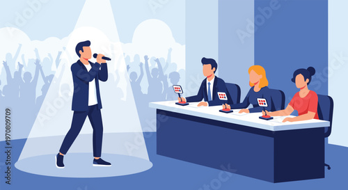 Professional singing competition show scene with a talented performer on stage and a panel of three judges.