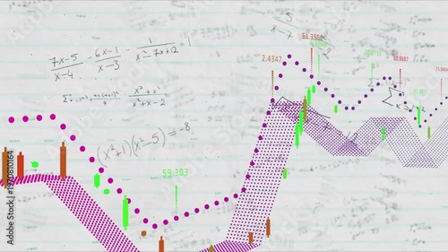 Math graph growing on lined paper, magenta markers moving ribbon forming bars popping showing rise