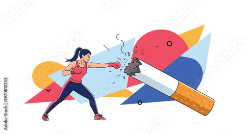 Determined female boxer punching a giant lit cigarette in an illustration representing the fight against smoking.