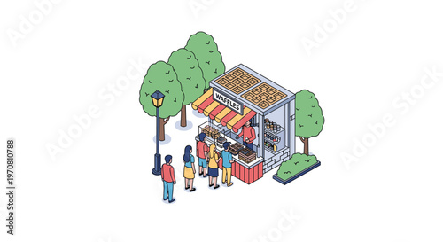 Isometric street food stall selling delicious waffles with a queue of customers in a pleasant park setting.