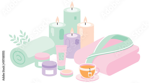 Wellness spa vector illustration set with aromatherapy candles robe.