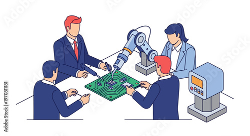 People working with robotic arm technology.