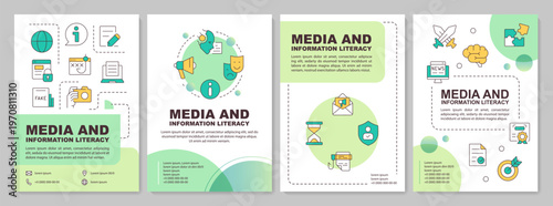 Media and information literacy green circle brochure layout. Critical thinking. Leaflet advertising design with color line icons. Editable 4 pages. Arial-Bold, Myriad Pro-Regular fonts used
