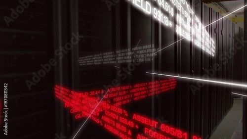 Data feed arriving, camera gliding through racks with white and red tickers visualizing market flow