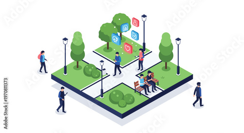 Isometric public park scene where people are walking or sitting on benches while using their mobile phones.