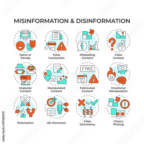 Misinformation and disinformation multi color concept icons. Digital communication, social media. Icon pack. Vector images. Round shape illustrations for article, blog post. Abstract idea