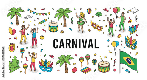 Vibrant carnival celebration with people dancing in costumes among festive decorations, masks, drums, and Brazilian flags in an isometric view.