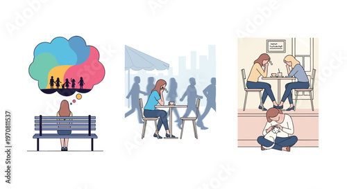 Scenes depicting social isolation and mental health where women feel lonely in a crowd or find comfort with a pet while others ignore them.