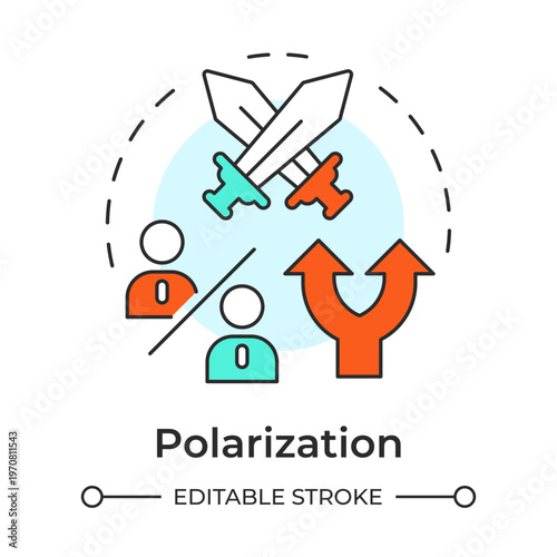 Polarization multi color concept icon. Social segregation, public conflict. Conflict resolution. Round shape line illustration. Abstract idea. Graphic design. Easy to use in article, blog post
