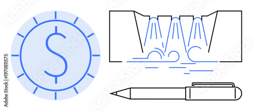 Financial management, renewable energy, corporate tools, technology, productivity, sustainability. Dollar coin, hydroelectric dam pen illustration. Financial management and renewable energy concepts