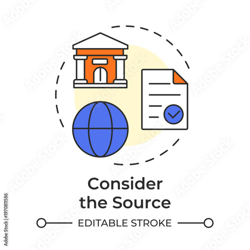 Consider the source multi color concept icon. Media literacy, fact checking. Information verification. Round shape line illustration. Abstract idea. Graphic design. Easy to use in article, blog post