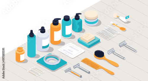 Isometric view of essential grooming and bathroom items including razors, combs, brushes, soap, lotion bottles, and cotton swabs on a gray surface.