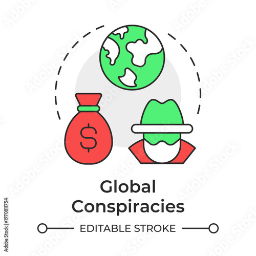 Global conspiracies multi color concept icon. Financial crime, money laundering. Anonymous person. Round shape line illustration. Abstract idea. Graphic design. Easy to use in article, blog post