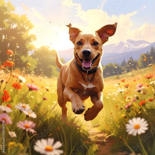A happy dog runs through a sunny meadow with vibrant flowers