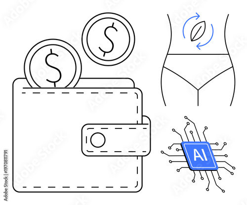Financial planning, AI solutions, fintech, health monitoring, digital innovation, technology advancement. Wallet with coins, AI chip and abstract human body icon. Financial planning and AI solutions