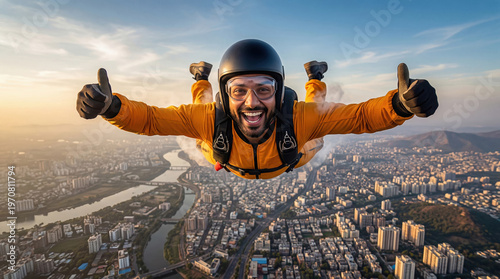 Thrilled Skydiver Gives Thumbs Up Over Cityscape