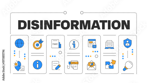 Disinformation word concept isolated on white. Audience analysis. Global communication. Creative illustration banner surrounded by editable line colorful icons. Hubot Sans font used