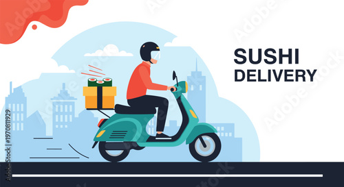 Fast sushi delivery service features a courier wearing a helmet and riding a turquoise scooter through a city landscape with fresh food orders.