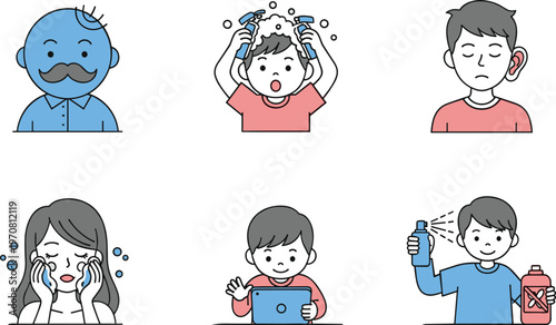 Personal hygiene routine set featuring washing face hair care ear cleaning skincare and insect repellent use vector illustration