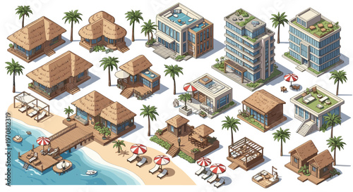 Luxury beach resort architecture includes various modern villas, tropical huts with thatched roofs, palm trees, and a pier extending into the sea.